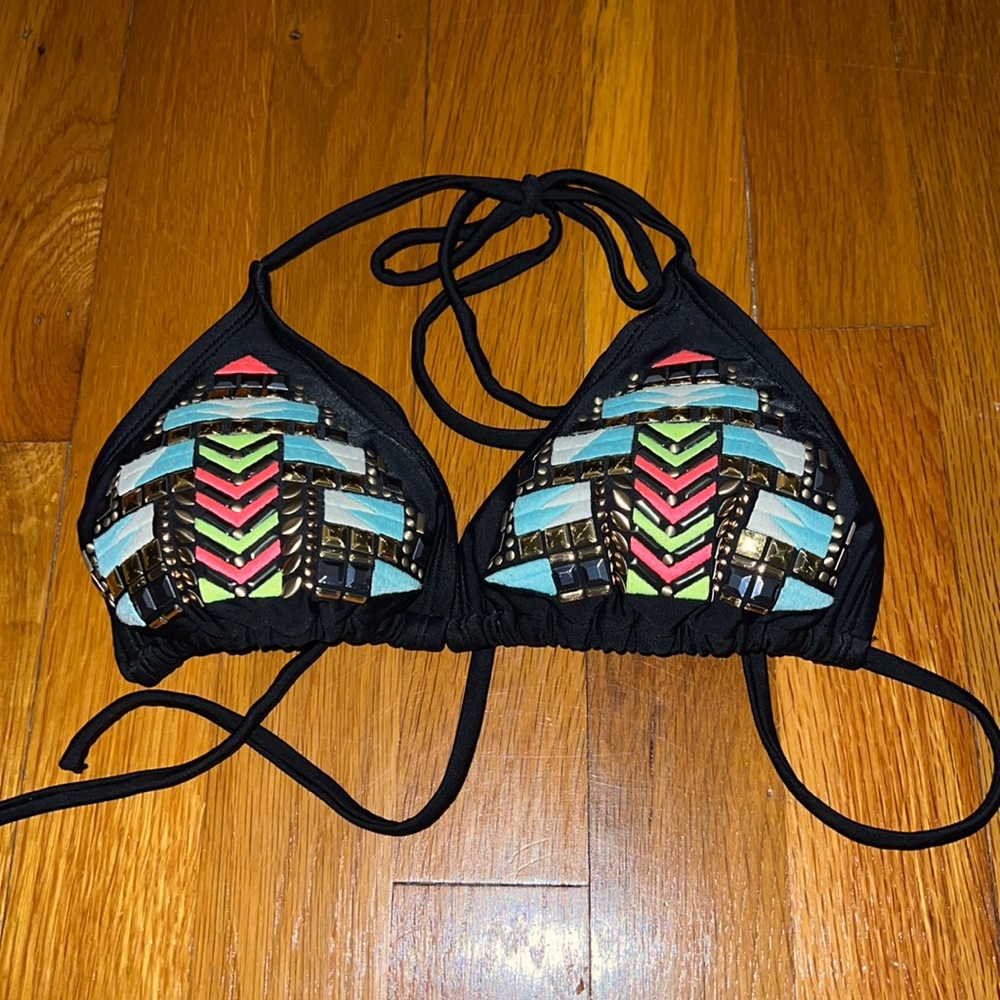 Black, colorful Aztec detail triangle bikini top